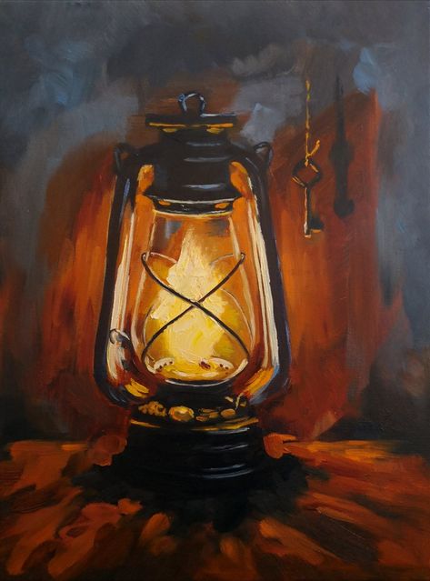 Oil Lamp Still Life, Still Life Oil Painting Fine Art, Oil Lamp Painting, Fire Art Painting, Lanterns Painting, Fire Lamp, Lamp Painting, Lantern Painting, Modern Expressionism