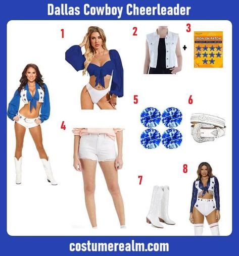 Dress Like Dallas Cowboy Cheerleaders Costume Guide For Halloween Dallas Cowboy Cheerleader Couple Costume, Dallas Cowboys Cheerleaders Costume Diy, Diy Dallas Cowboys Cheerleader Costume, Dallas Cowboys Cheerleaders Costume, Cheerleaders Costume, Cheerleading Diy, Dallas Cowboys Cheerleader Costume, Cheerleader Halloween, Cheerleader Halloween Costume