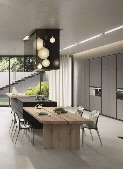 Modern Long Kitchen Island, Open Kitchen And Living Room With Island Modern, L Kitchen With Island, Long Kitchen Island Ideas, Kitchen Island L Shaped, Kitchen Island With Dining Table, Kitchen Long Island, Long Kitchen Island, Long Island Kitchen