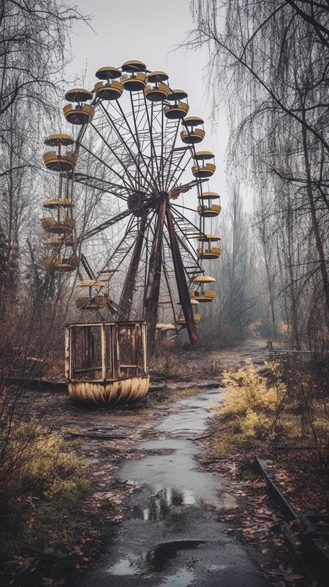 Post Apocalyptic Props Concept Art, Apocalyptic Aesthetic Wallpaper, Abandoned Places Photography, Abandoned Forest Aesthetic, Pripyat Aesthetic, Lost Aesthetics Dark, Dreamcore Landscape, Post Apocalyptic Nature, Abandon Aesthetic