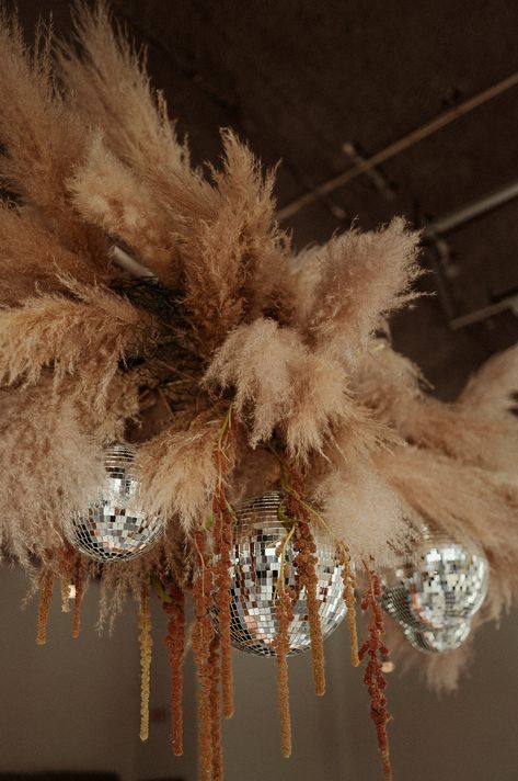 Hanging Pampas Grass Wedding, Andrea Libman, Pampas Tree, Pampas Wedding, Hanging Installation, Electric Love, Western Themed Wedding, February Wedding, Metallic Wedding