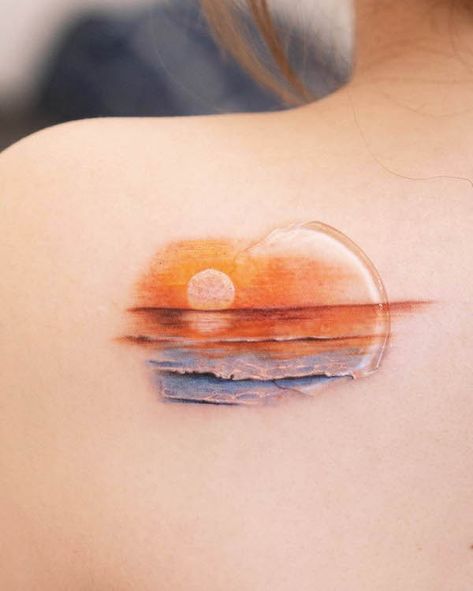 Sunset Ocean Tattoo, Ocean Wave Tattoo, Beach Inspired Tattoos, Wave Tattoos, Tattoos Ideas For Women, Simple Wave Tattoo, Sunrise Tattoo, Sunset Tattoo, Sunshine Tattoo