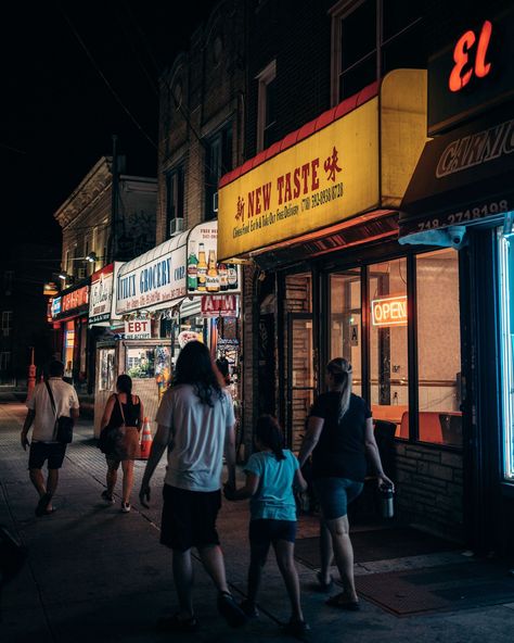 Businesses on Corona Avenue at night in Elmhurst, Queens, New York Queens New York Aesthetic, Elmhurst Queens, Nyc At Night, Queens Nyc, Queens New York, Hotel Motel, Posters Framed, Side Jobs, Cheat Sheet