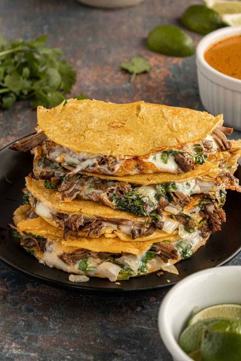 Corn Tortilla Quesadilla, Birria Recipes, Birria Quesadillas, Birria Quesatacos, Easy Au Jus Recipe, Mexican Meat, Au Jus Recipe, Corn Tortilla Recipes, Hispanic Dishes