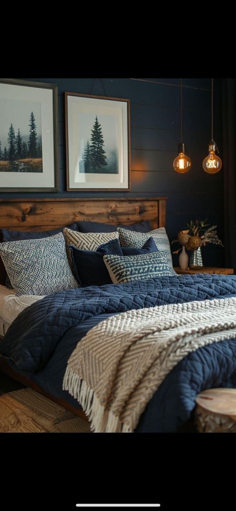 Navy Blue Bedrooms, Bedroom Stuff, Spare Bedroom, Blue Bedroom, Master Bedrooms Decor, Remodel Bedroom, Rustic Bedroom, Dream Bedroom, Bedroom Colors