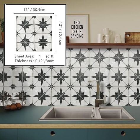 Peel and Stick Encaustic Backsplash Tile. Black Star Patterned Stick on Tile. Self-Adhesive Wall Tile Sticker for Kitchen Bathroom Fireplace Stairs. 10 Sheets, Tiles - Amazon Canada Kitchen Black And White Backsplash, Star Backsplash Kitchen, Black And Tan Backsplash, Black And White Peel And Stick Tile, Black And White Backsplash Kitchen, Peel And Stick Tile Backsplash Kitchen, Vintage Backsplash Kitchen, Tile Behind Stove, Vintage Eclectic Kitchen