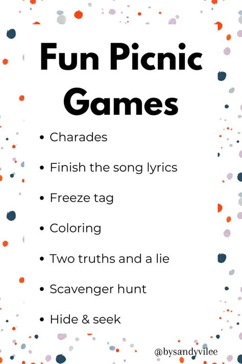 Fun Picnic Games infographic. Games include chrades, finish the song lyrics, freeze tag, coloring, two thruths and a lie, scavenger hunt, and hide and seek Things To Do On A Picnic Friends, Picnic Birthday Party Games, Games To Play At A Picnic, What To Do On A Picnic With Friends, Picnic Ideas For Friends Games, Picknick Games, Games To Play At A Picnic With Friends, Fun Plans With Friends, Things To Do At Picnic