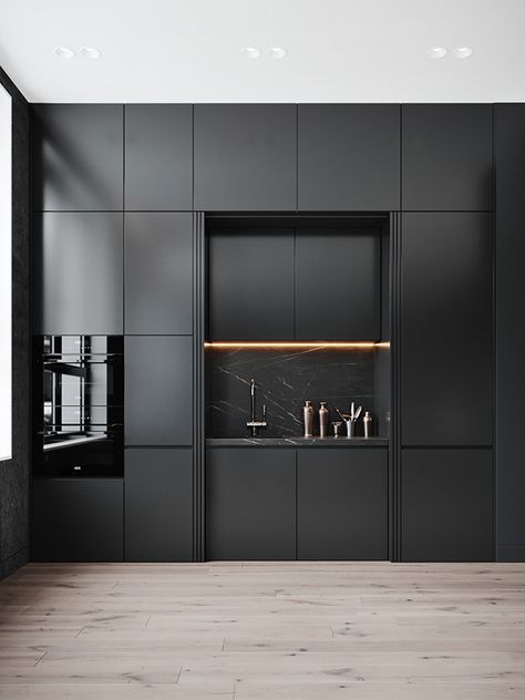 Gabdullin Kamil, Modern Kitchen Apartment, Home Bar Design, Warehouse Design, Dark Kitchen, Apartment Projects, Dark Interiors, Pantry Design, Loft Spaces