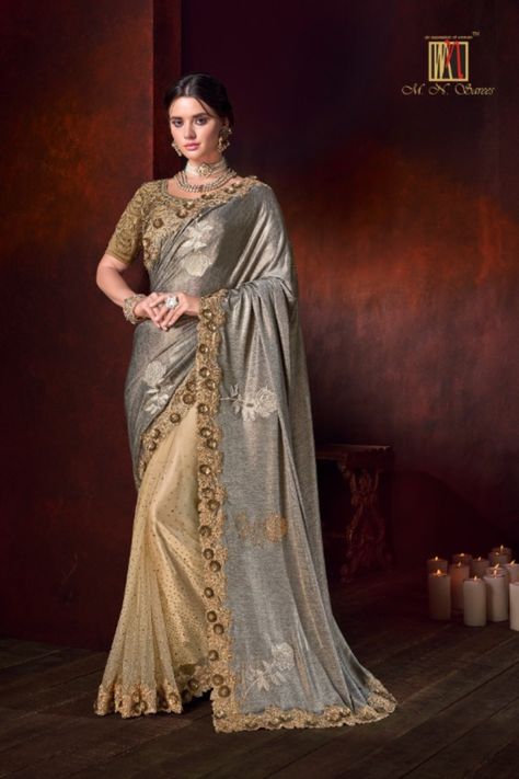 Golden Color Saree, Engagement Sarees, Shimmer Saree, Saree Party Wear, Net Blouse, Net Skirt, Grey Saree, Net Blouses, Lehenga Style