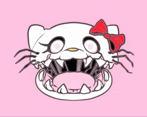 Hello Kitty With Headphones Pfp, Fnaf Art Creepy, Creepy Hello Kitty Drawing, Zombie Hello Kitty Pfp, Emo My Melody, Fnaf Hello Kitty, Creepy Hello Kitty Tattoo, Creepy Cute Drawings, Creepy Hello Kitty