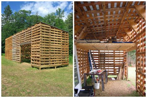 #Barn, #Garden, #RecycledPallet What a beautiful and useful way to reuse pallets, make a barn! Made by Paul Stankey from Hive Modular! Repurposed Pallet Wood, Pallet Barn, Pallet Playhouse, Repurpose Pallets, Pallet Building, Pallet Shed, 1001 Pallets, Pallet House, Firewood Storage