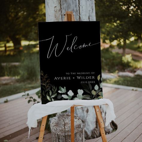 $69.55 | Greenery Black and Gold Vertical Wedding Welcome - botanical welcome to our ceremony, watercolor printed shower signage, greenery large welcome wedding sign, enchanted board sign decor, boho forest green spring ss052, sage green eucalyptus and gold, elegant modern black whimsical summer, simple rustic dark and moody, minimalist classic classy autumn garden, bohemian romantic natural fall fern Spring Boho Wedding, Black And Gold Wedding, Wedding Welcome Board, Green Eucalyptus, Wedding Posters, Wedding Banner, Green Spring, Green Hues, Spring Boho