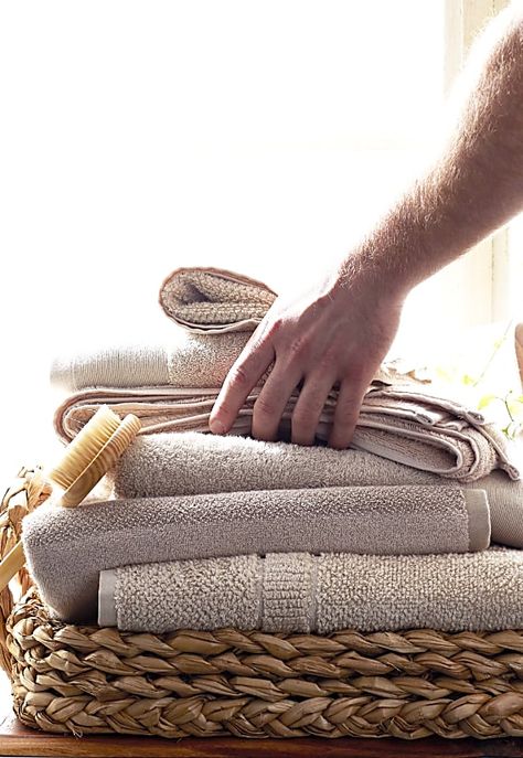 How Many Bath Towels Do I Need? | The Company Store How Many Towels Does A Family Need, Small Dorm Room, Small Dorm, Curtain Shop, Towel Racks, The Company Store, Doing Laundry, Striped Towels, Guest Bath