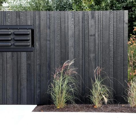 Charred Japanese Timber fence New Zealand | YAKISUGI GALLERY Burnt Timber, Larch Cladding, Black Fence, Modern Fence Design, Front Fence, Timber Fencing, Charred Wood, Sugi Ban, Shou Sugi Ban