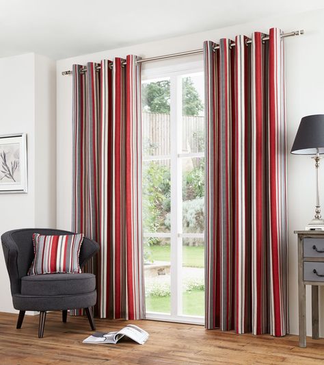 Melrose Red Ready Made Curtains Red And Grey Curtains, Lace Curtains Bedroom, Maroon Curtains, Grey Curtains Living Room, Modern And Classic Living Room, Burgundy Curtains, Curtains Uk, Striped Curtains, Quality Curtains