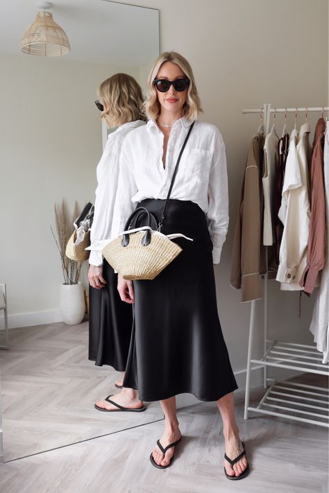 Black Midi Skirt And Shirt Outfit, Satin And Linen Outfit, Black Wrap Skirt Outfit Summer, Summer Black Satin Skirt Outfit, Black Satin Maxi Skirt Outfit Summer, Black Linen Midi Skirt Outfit, Linen Shirt And Skirt Outfit, Satin Skirt And Shirt Outfit, T Shirt And Midi Skirt Outfit