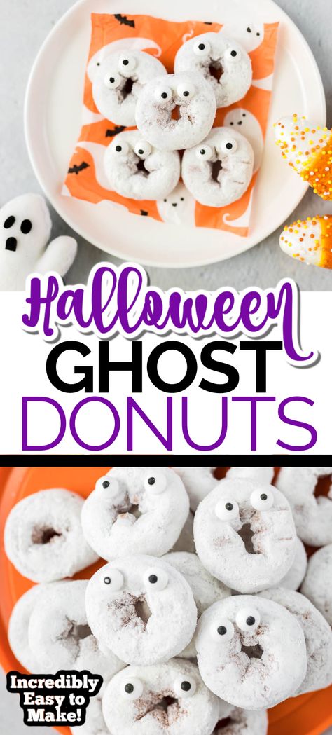 Powdered Donut Halloween, Halloween Powdered Donut, Ghost Dinner Ideas, Ghost Donuts Halloween, Halloween Donuts Ideas, Halloween Fruit Cups, Plain Donuts, Ghost Donuts, Ghost Food