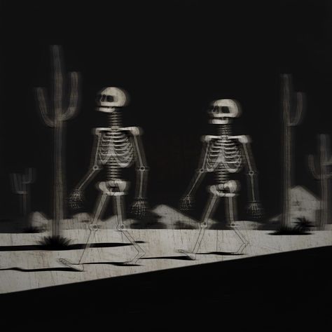 two skeletons walking Two Skeletons, Indie Art, Skeleton, Walking, Sketch, Road, Collage, Quick Saves, Art