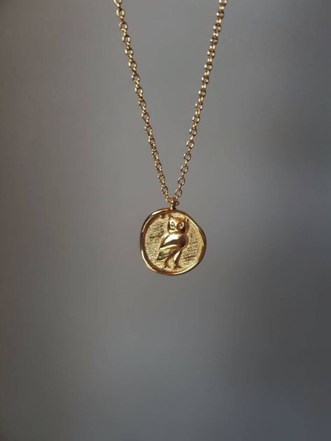 Greek Owl Coin Necklace Gold Medallion With Owl of Athena - Etsy Owl Of Athena, Coin Necklace Gold, Selenite Necklace, Owl Pendant Necklace, Gold Coin Necklace, Owl Gifts, Golden Necklace, Gold Medallion, Symbolic Jewelry