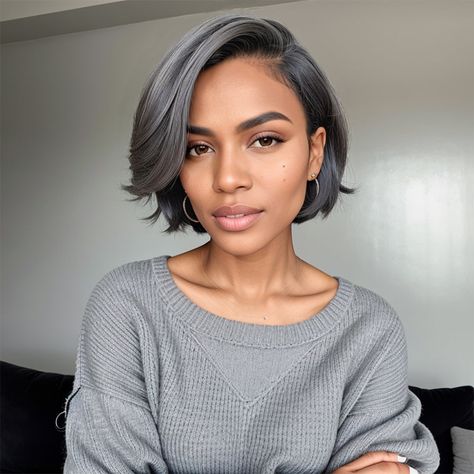 Black Women Hairstyles Shoulder Length, Black Natural Hair With Highlights, Salt And Pepper Highlights Going Gray, Salt And Pepper Short Hairstyles, Nape Length Bob, Medium Length Haircut For Black Women, Styling Short Bob Hairstyles, Short One Length Hair, Pixie Cut And Glasses