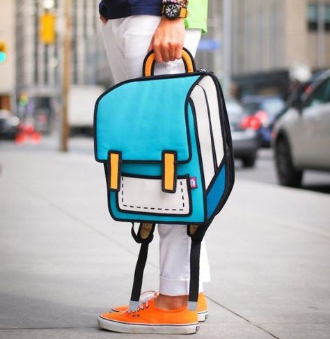 Top 10 Creative and Unusual Backpacks 2d Backpack, Paper Backpack, Jump From Paper, 2d Bags, Ali Abbas, Funky Purses, Dolly Fashion, Unique Backpacks, Green Backpacks