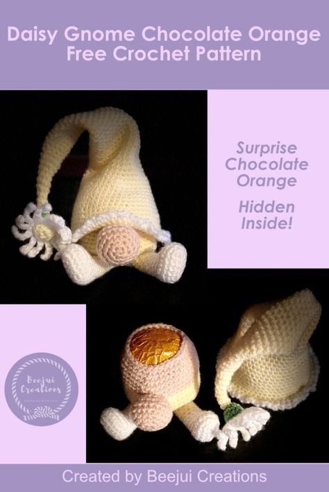 Daisy Gnome Chocolate Orange - Free Crochet Pattern - Beejui Creations Crochet Chocolate, Easter Crochet Patterns Free, Gifts For Easter, Crochet Easter, 4mm Crochet Hook, Crochet Xmas, Easter Crochet Patterns, Mini Crochet, Christmas Knitting Patterns