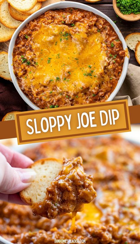 One image shows a full white bowl of sloppy Joe dip, with bagel chips and a bowl of chopped parsley next to it. The second image shows a hand dipping a bagel chip into the dip. Sloppy Joe Dip Recipe, Sloppy Joe Dip, Sloppy Joes Dip, Roasted Potato Wedges, Bagel Chips, Homemade Sloppy Joes, Party Spread, Sloppy Joes Recipe, Meat Appetizers