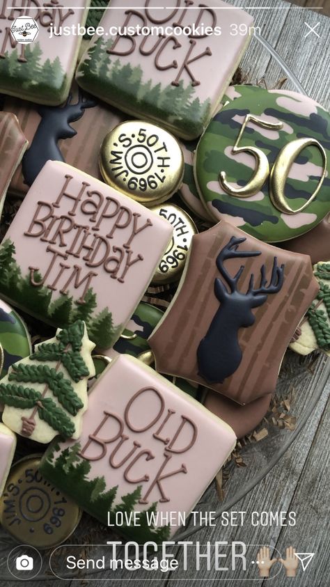 Hunting Birthday Cookies Decorated, 30th Birthday Hunting Theme, Hunt Birthday Party Ideas, Hunting Theme 50th Birthday, Hunting Birthday Cookies, 40th Birthday Hunting Theme, Old Buck Birthday Party, Hunting 40th Birthday Party, Hunting 50th Birthday Party