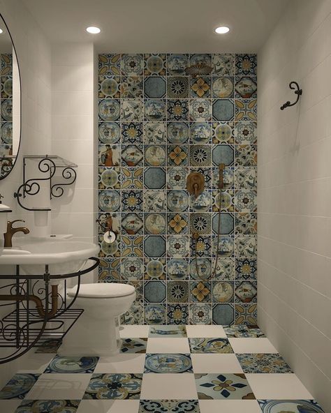 Moroccan Tile Bathroom, Moroccan Bathroom, Kabinet Dapur, Latest Bathroom, Bathroom Tile Designs, Tiles Design, Stylish Bathroom, Minimalist Bathroom, Laundry In Bathroom