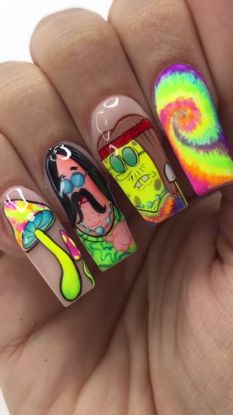 Spongebob Nails, Uñas Aesthetic, Disney Acrylic Nails, Spongebob And Patrick, Crazy Nail Designs, Crazy Nail Art, Hippie Nails, Colored Acrylic Nails, Cute Acrylic Nail Designs