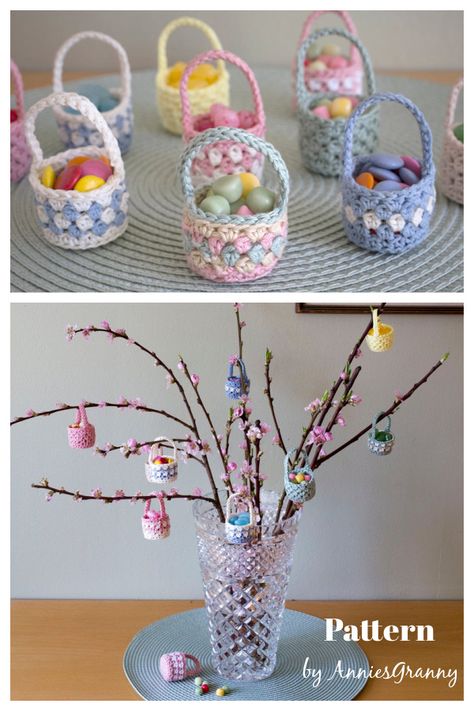 Easter Decor Crochet, Crochet Easter Decor, Crochet Easter Baskets, Easter Crochet Ideas, Crochet Mini Easter Basket, Crochet Mini Basket, Crochet Easter Basket Free Pattern, Easter Bunny Basket Crochet, Crochet Seasonal