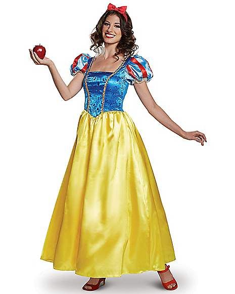 Adult Snow White Costume Deluxe - Disney Princesses - Spirithalloween.com Fantasia Dress, Snow White Princess Dress, Snow White Outfits, Princess Fancy Dress, White Princess Dress, Blue And Yellow Dress, Fairy Tale Costumes, Fancy Dress Halloween Costumes, Snow White Dresses