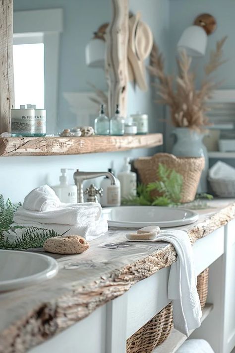 20 Aesthetic Bathroom Designs for Your Home Makeover 9 Coastal Spa Bathroom Ideas, Seaside Bathroom Ideas, Light Blue Bathrooms, Earthy Coastal, Black And White Bathroom Ideas, Beach Theme Bathroom Decor, White Bathroom Ideas, Basement Suite, Coastal Bathroom Design