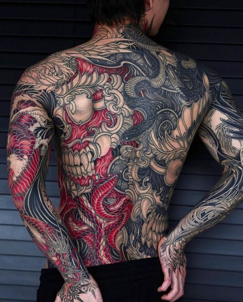 Back Piece Tattoo Men, Yakuza Style Tattoo, Blitz Tattoo, Japanese Back Tattoo, Japanese Tattoos For Men, Oni Tattoo, Torso Tattoos, Yakuza Tattoo, Back Piece Tattoo