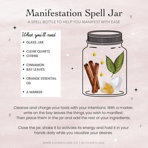 Love By Luna® on Instagram: “Manifestation Spell Jar 💫 Leo season is a great time to work on manifesting, as its fixed fire energy helps to spark our creativity and…” Manifestion Spell, Manifestation Jar Spell, Magic Jar Illustration, New Moon Spell Jar, Easy Spell Jars Recipes, Success Spell Jar, Manifesting Spells, Manifestation Jars, Manifest Spell