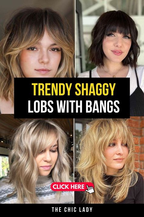 17 Stylish Shaggy Lobs with Bangs to Try This Year Shaggy Medium Hair With Bangs, Lobs With Bangs, Lob Bangs, Shaggy Bob With Bangs, Shaggy Lob With Bangs, Lob Haircut With Bangs, Shaggy Lob, Medium Shaggy Hairstyles, Lob With Bangs