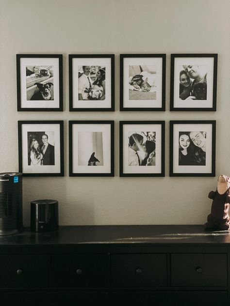 Easy black & white gallery wall with 11x14 frames and 8x10 pictures. Black frames, white mat and b&w pictures make a great bedroom wall.  Bedroom art. Bedroom wall decor. 8x 10 Photo Wall, Picture Wall 8x10 Frames, Black Matted Picture Frame Wall, 8x10 Picture Frames On The Wall, 4 Black Frames On Wall, 8 Frame Gallery Wall, 8 Frames On Wall Layout, 10 Frame Gallery Wall, 8 Photo Gallery Wall