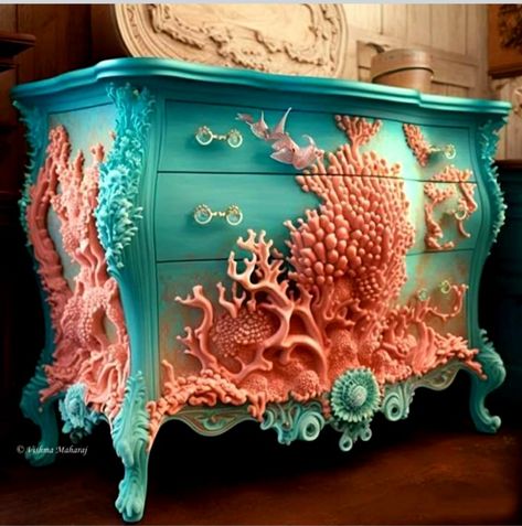 Ocean Themed Furniture, Mermaid Furniture, Sea Furniture, Whimsical Painted Furniture, Fantasy Furniture, Mermaid Room, Diy Furniture Decor, Whimsical Furniture, Mermaid Decor