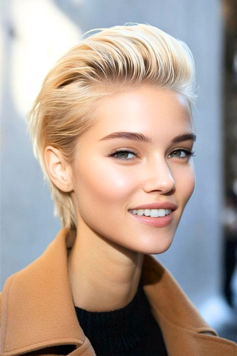 Slicked-Back Pixie Hairstyle on a smiling woman with blonde hair. Slicked Back Pixie Cut, Short Hair Slicked Back, Winter Short Hair, Fall Haircuts For Women, Short Winter Hairstyles, Short Slicked Back Hair, Hair Slicked Back, Hairstyles For Winter, Fall Haircuts