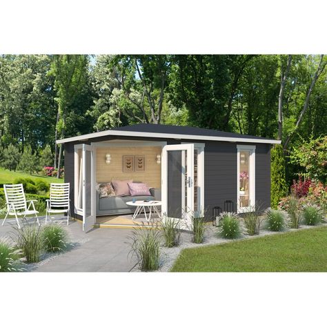 Dakota Fields Riendeau 9 x 14.5 Ft. Tongue & Groove Corner Summer House | Wayfair.co.uk Garden Log Cabins, Corner Summer House, Summer Houses, Roof Beam, Wood Cladding, Roof Covering, Roof Shingles, Double Glazing, Garden Spaces