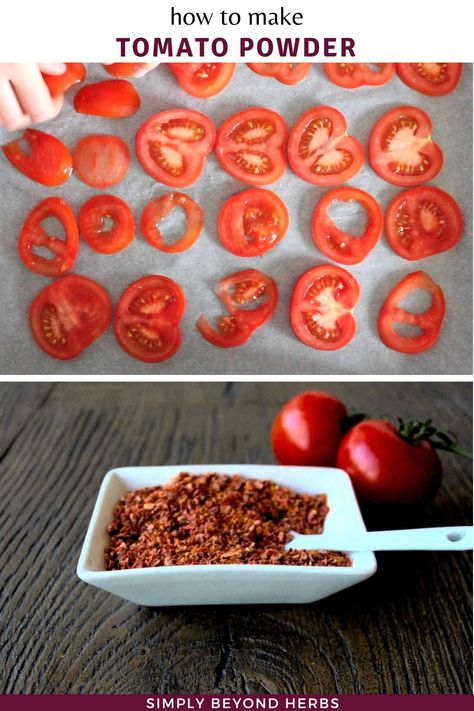 if you are using just certain parts of tomatoes and tossing seeds, skins, or pulp away, you may consider turning the leftover into a dehydrated tomato powder. Tomato Powder Recipes, Preserve Tomatoes, Tomato Powder, Healthy Herbs, Herbs For Health, Dehydrator Recipes, Diy Health, Natural Living, Green Living