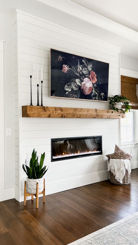 Long Mantle, Diy Shiplap Fireplace, Farmhouse Mantle, Fireplace Frame, Wall Fireplace, Shiplap Fireplace, Living Tv, Fireplace Built Ins, Bedroom Fireplace