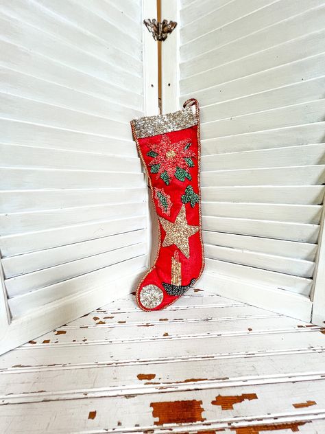 A Gorgeous Vintage Red Felt Christmas Stocking, Stunning Sequined Christmas Stocking,  Sequined Stocking For Your Mantle, Santa’s Stocking by PattisPickins on Etsy Felt Christmas Stockings, Granite City, Vintage Christmas Stockings, Felt Stocking, Vintage Stockings, Top Band, Red Felt, Rick Rack, Vintage Christmas Decorations