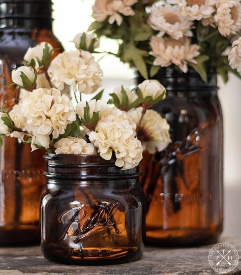 Decorating With Mason Jars, Farmhouse Decorating Ideas, Fall Cottage, Halloween Tablescape, Blue Mason Jars, Canned Goods, Farmhouse Decorating, Mason Jar Flowers, Jar Decor