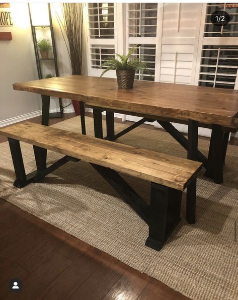 Farmhouse Bench Dining Table, Rectangle Table With Bench, Butcher Block Dining Room Table, Farmhouse Table With Black Base, Dining Room Farm Table, Modern Farm Dining Table, Rectangle Dining Table With Bench, Homemade Dining Room Table, Simple Farmhouse Dining Table