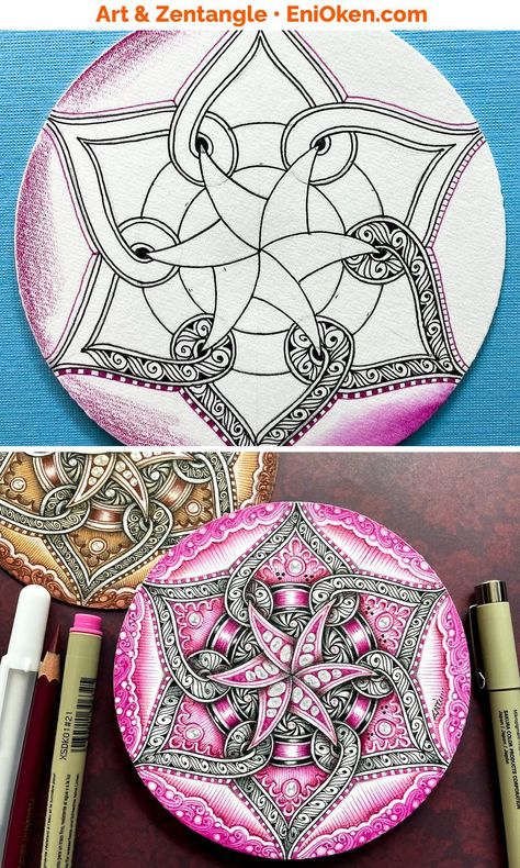 Learn how to make this gorgeous intricate Zendala mandala - video class by Eni Oken Painting Idea For Beginners, Eni Oken, Aries Art, Zentangle Tutorial, Zentangle Artwork, Zen Doodle Art, Geometric Pattern Art, Geometric Mandala, Colored Pencil Techniques