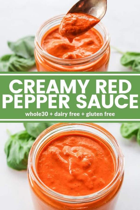 This Creamy Red Pepper Sauce is the absolute easiest, tastiest, and ready in just two minutes! Everything goes right into the blender! Creamy Pepper Sauce, Creamy Red Pepper Sauce, Paleo Dips, Creamy Roasted Red Pepper Sauce, Red Pepper Sauce Recipe, Roasted Red Peppers Recipes, Red Pepper Pasta Sauce, Veggie Options, Red Pepper Recipes