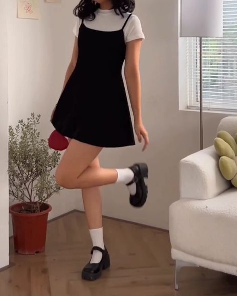 Modest Mini Dress Outfit, Black Dress And Mary Janes, Cute Style Outfits Girly Classy, Mary Janes And Dress, Put Together Aesthetic Outfit, Mary Janes Dress Outfit, Outfits For Japan Summer, Dress Layered With Shirt, Black Skater Dress Outfit