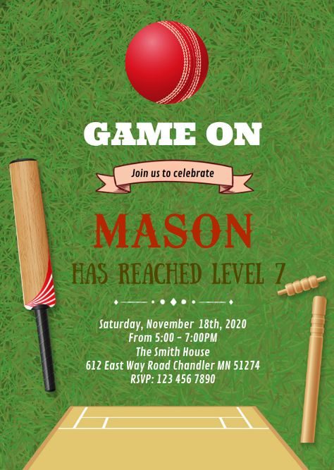 Sports Event Invitation, Cricket Event Poster, Cricket Party Invitations, Cricket Theme Birthday Invitation Card, Cricket Theme Birthday Invite, Cricket Cards Ideas, Cricket Invitation Card, Cricket Birthday Party Ideas, Club Promotion Ideas