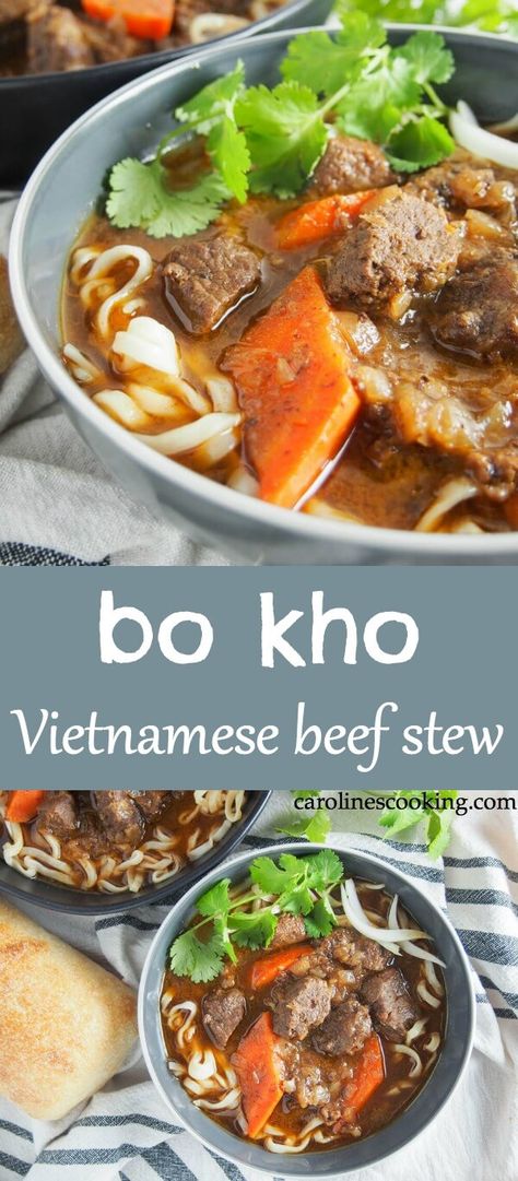 Bo kho may not be as well known as pho, but it's a classic dish you need to get to know. This Vietnamese beef stew has a wonderful depth of flavor from aromatic spices, lemongrass, ginger and coconut water. It's warming, delicious and easy to make too. #vietnamesefood #beefstew #vietnamesestew Vietnamese Beef Stew Recipes, Vietnamese Beef Soup, Asian Stew, Vietnamese Dishes, Red Wine Beef Stew, Vietnamese Beef Stew, Vietnamese Soup, Beef Soup, Beef Stew Recipe